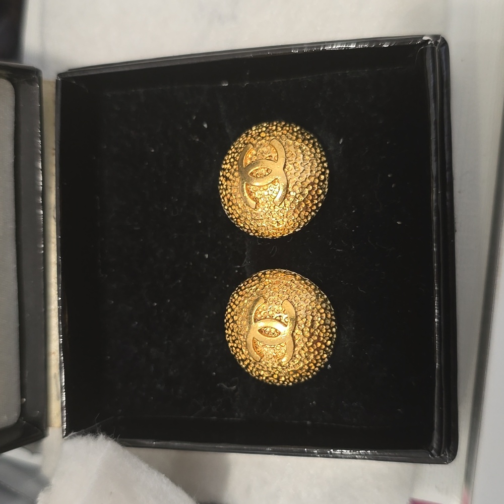 Chanel Gold Metal Textured Dome CC Earrings.  Excellent Condition.